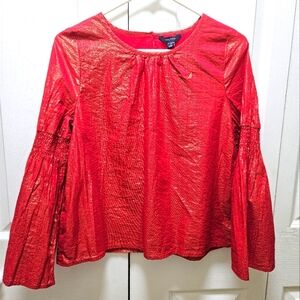 Nautica Girls Smocked Bell Sleeve Blouse Cherry Red Gold Metallic Stripe XL (16)